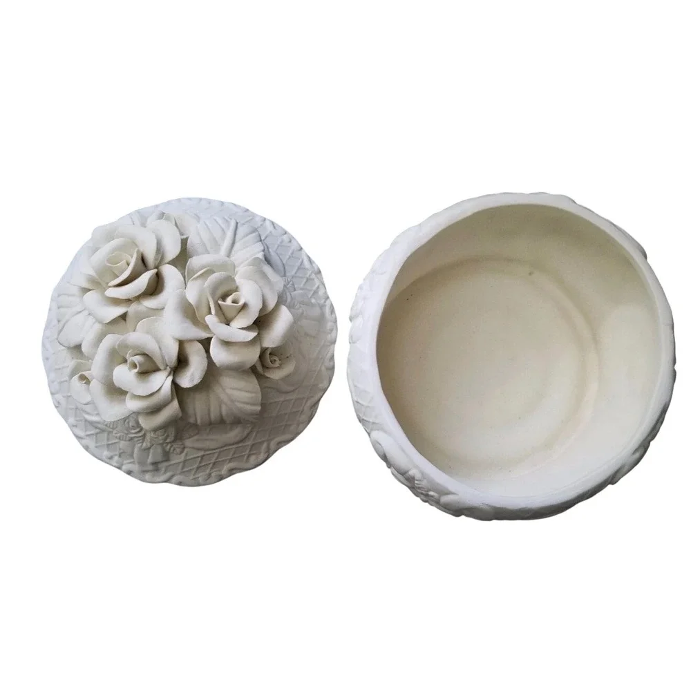 White Bisque Porcelain Rose Trinket Box 3D Floral Basketweave Jewelry Dish Lid